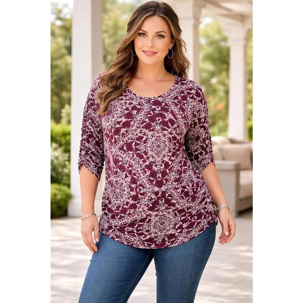 Alfani Women's Wine/White Medallion Print Ruched Boho Chic Stretch Top